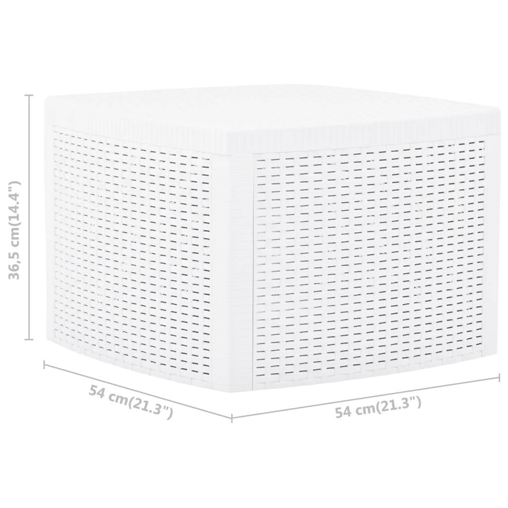 Side table in white plastic with rattan look, dimensions 54x54x36.5 cm, perfect for outdoor use.