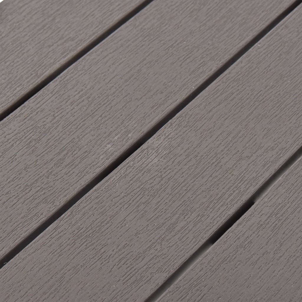 Close-up of the wood-look surface on a durable grey plastic garden bench, showcasing its elegant texture.