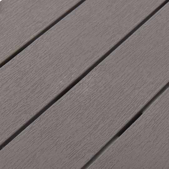 Close-up of the wood-look surface on a durable grey plastic garden bench, showcasing its elegant texture.