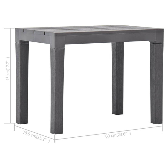 Gray outdoor garden table with wood look design, dimensions 60x38.5x45 cm, ideal for versatile outdoor furniture arrangements.