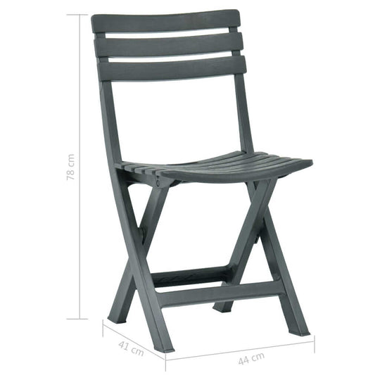 Folding green plastic garden chair with dimensions 78 cm height, 41 cm width, and 44 cm depth, ideal for outdoor furniture.