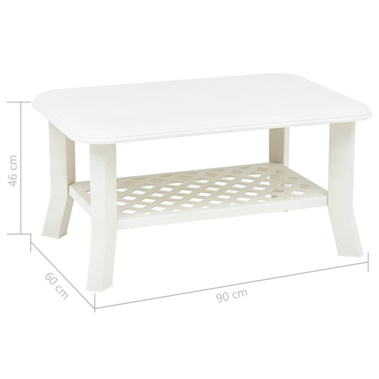 Coffee Table 90x60x46 cm Plastic with storage shelf in white design and weather-resistant features.