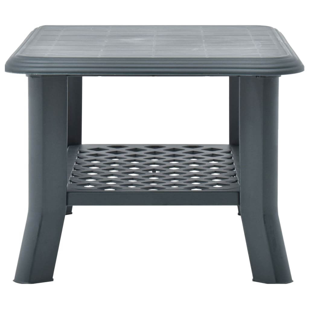 Green plastic coffee table with storage shelf, ideal for outdoor use and sleek design for lounge spaces.