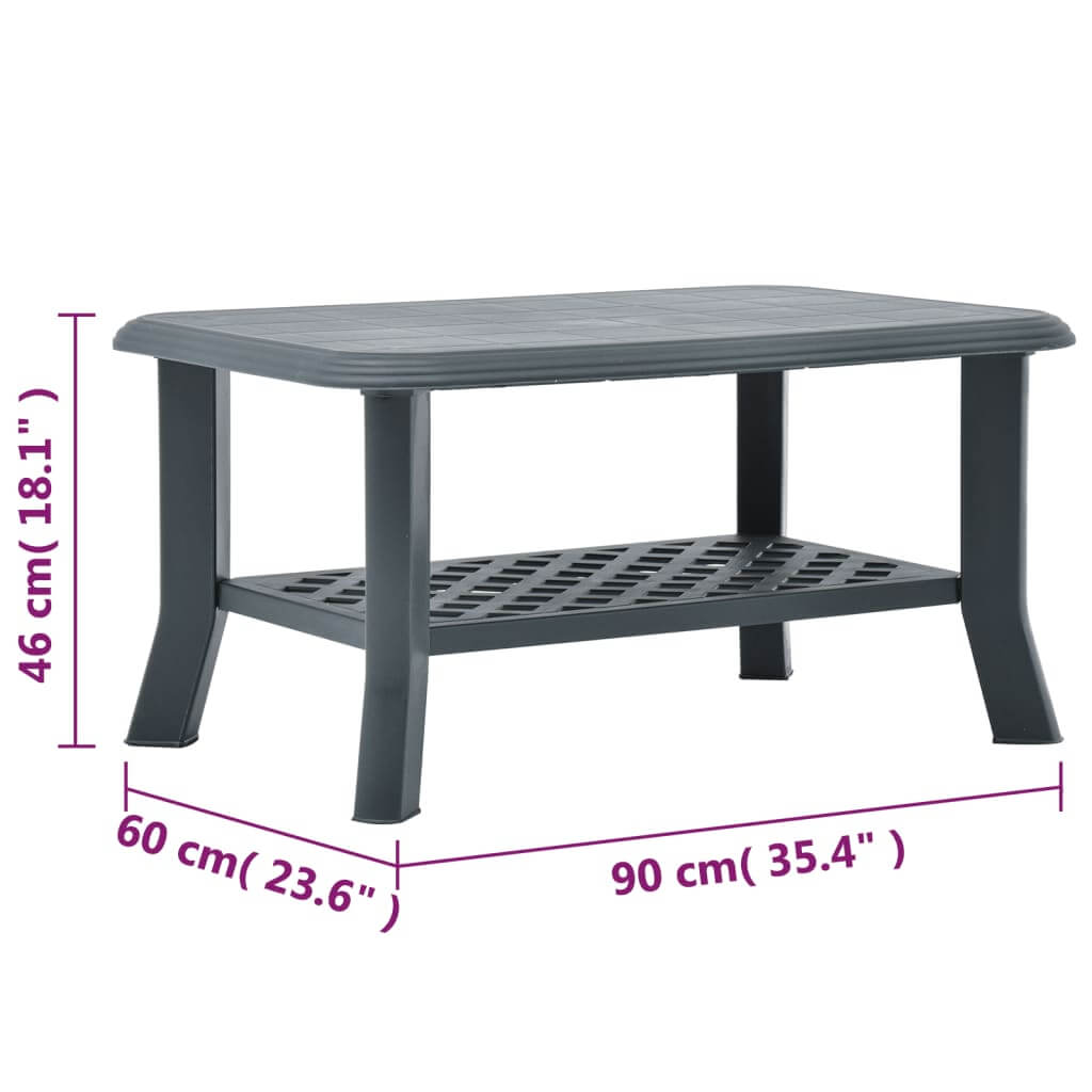 Green plastic coffee table 90x60x46 cm with storage shelf for outdoor use, durable and weather resistant furniture.