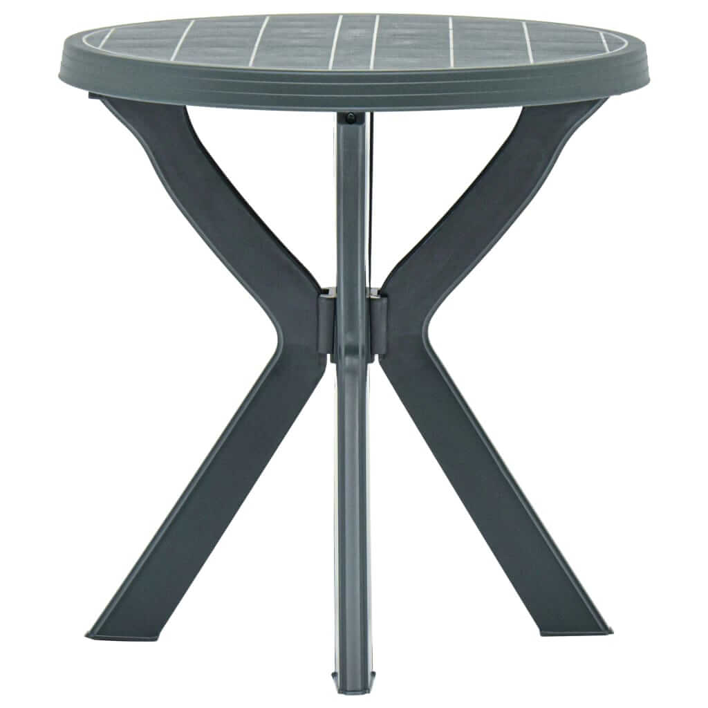 Bistro table in green plastic with round top and durable design, perfect for outdoor dining or lounging.