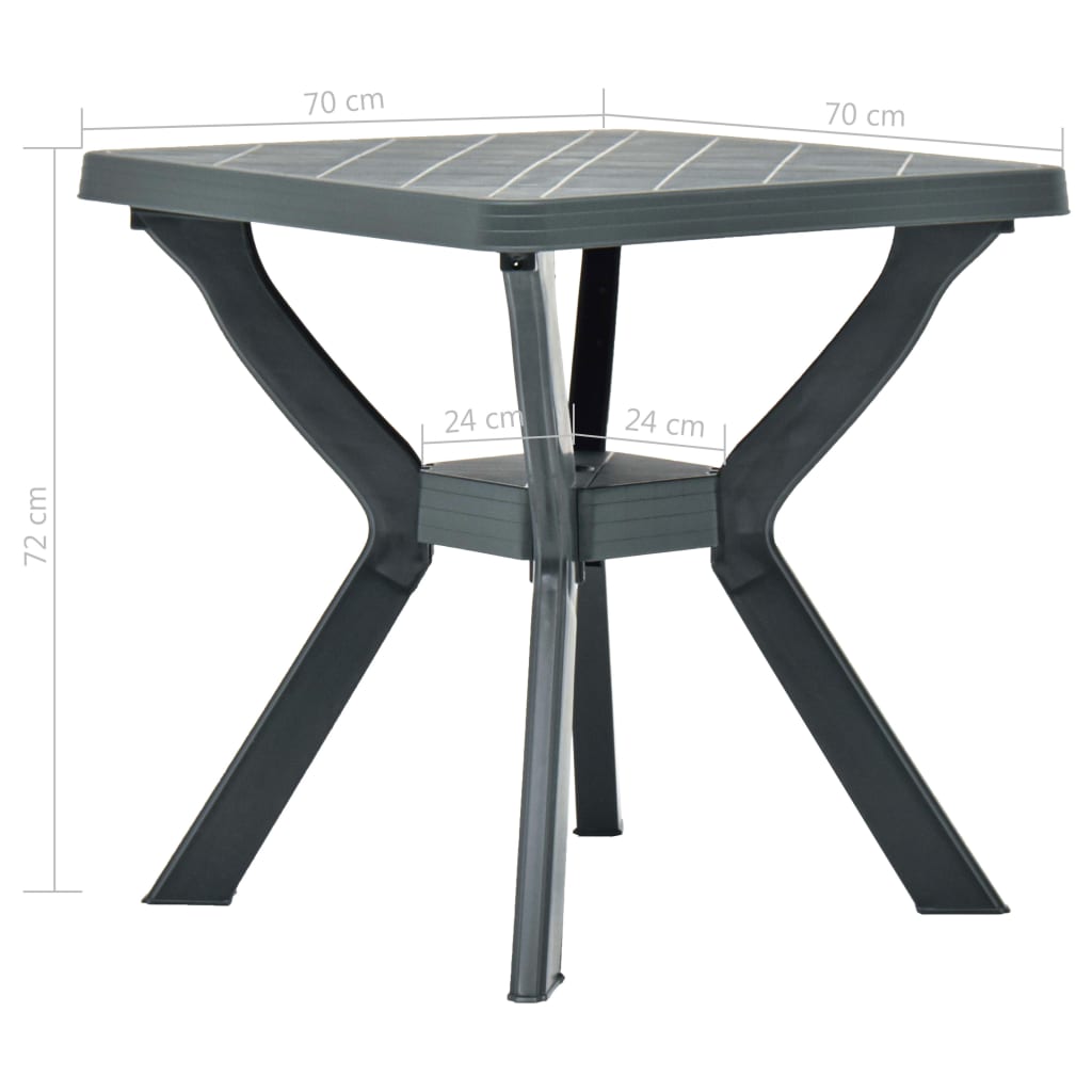 Bistro Table  70x70x72 cm Plastic - Cherryfurnie LLC This garden table is perfect for enjoying a lovely meal or tea with friends, adding charm to your outdoor spaces. Made from durable, weather-resistant, and maintenance-free plastic, it is suitable for daily use. Its lightweight design allows for easy movement and assembly is not required. Colour: Green Material: Plastic Dimensions: 70 x 70 x 72 cm (L x W x H) Weather resistant Includes a storage rack  Furniture -> Outdoor Furniture -> Outdoor Tables #