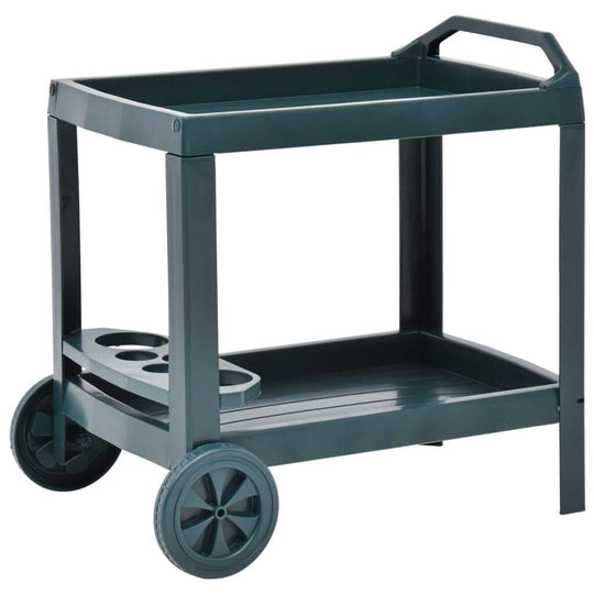 Green plastic beverage cart with wheels and wine glass holder, ideal for outdoor furniture and serving drinks.