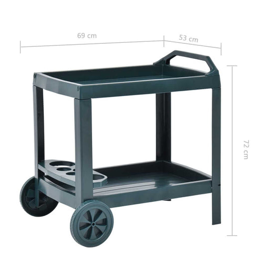 Green plastic beverage cart with dimensions 69x53x72 cm, ideal for outdoor furniture and easy serving.