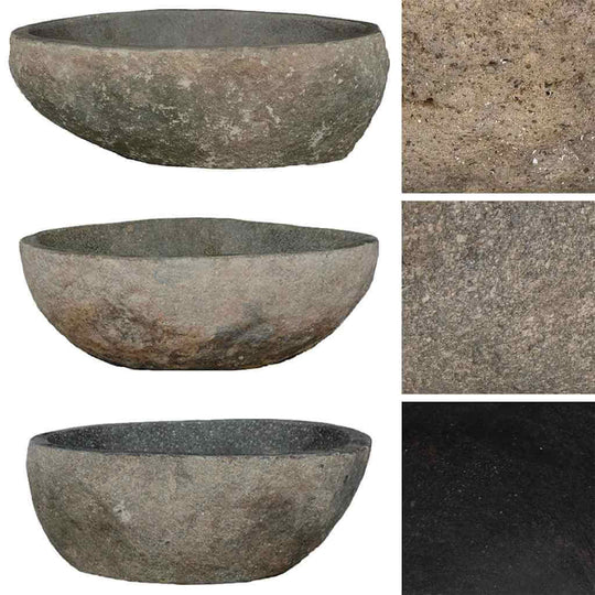 Basin River Stone Oval (29-38)x(24-31) cm - natural stone wash basin collection showcasing different angles and textures.