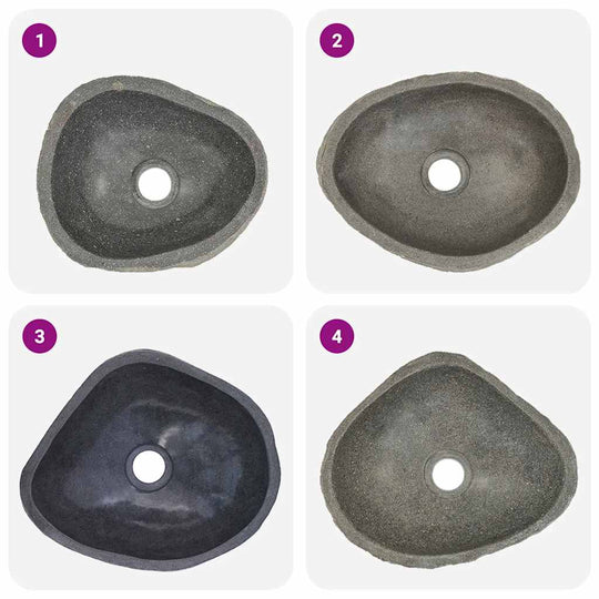 Basin River Stone Oval (29-38)x(24-31) cm images showing various angles of unique natural stone basins.