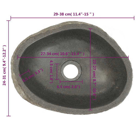 Basin River Stone Oval (29-38)x(24-31) cm top view showcasing dimensions and polished inner surface.
