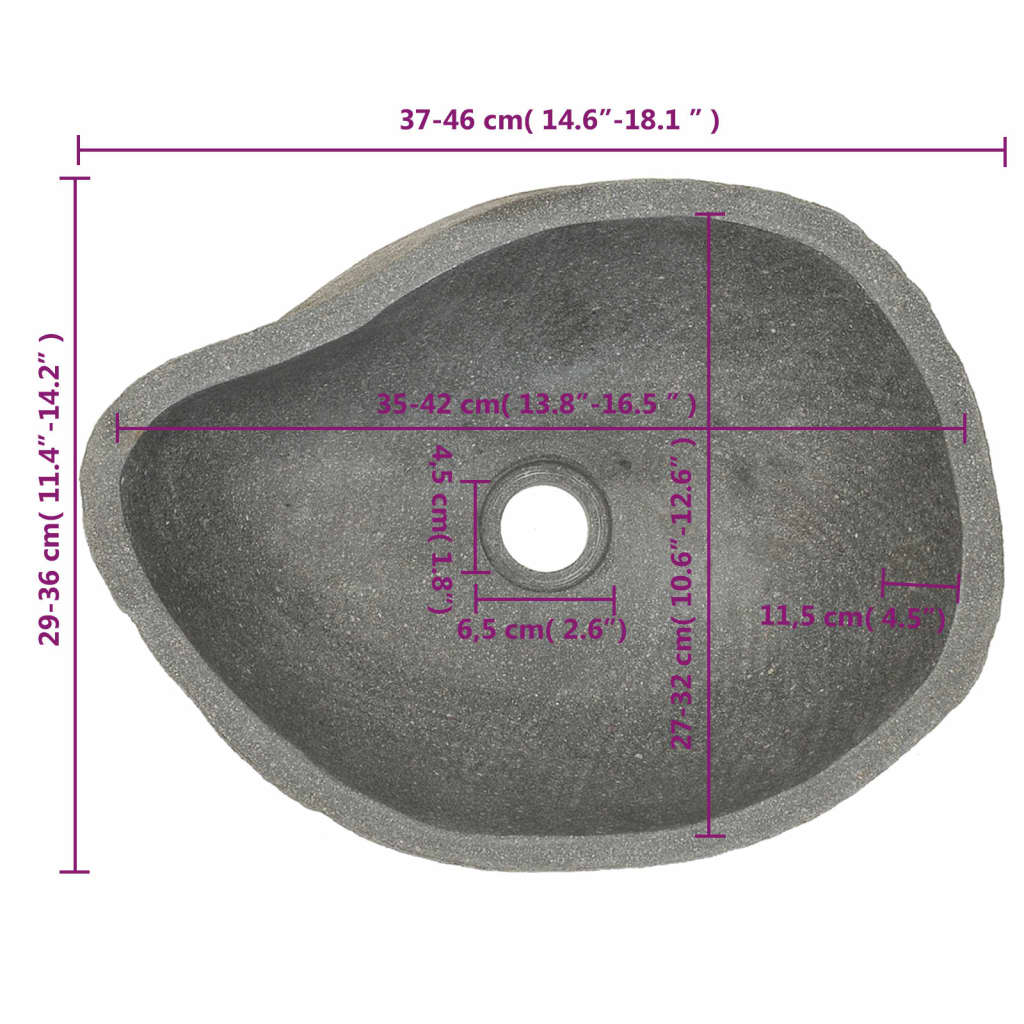 Natural river stone oval wash basin with dimensions labeled, showcasing its unique shape and practical design for bathrooms.