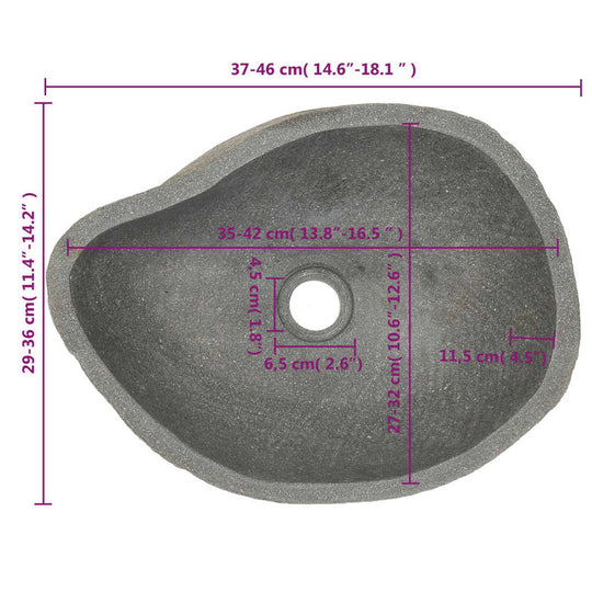 Natural river stone oval wash basin with dimensions labeled, showcasing its unique shape and practical design for bathrooms.