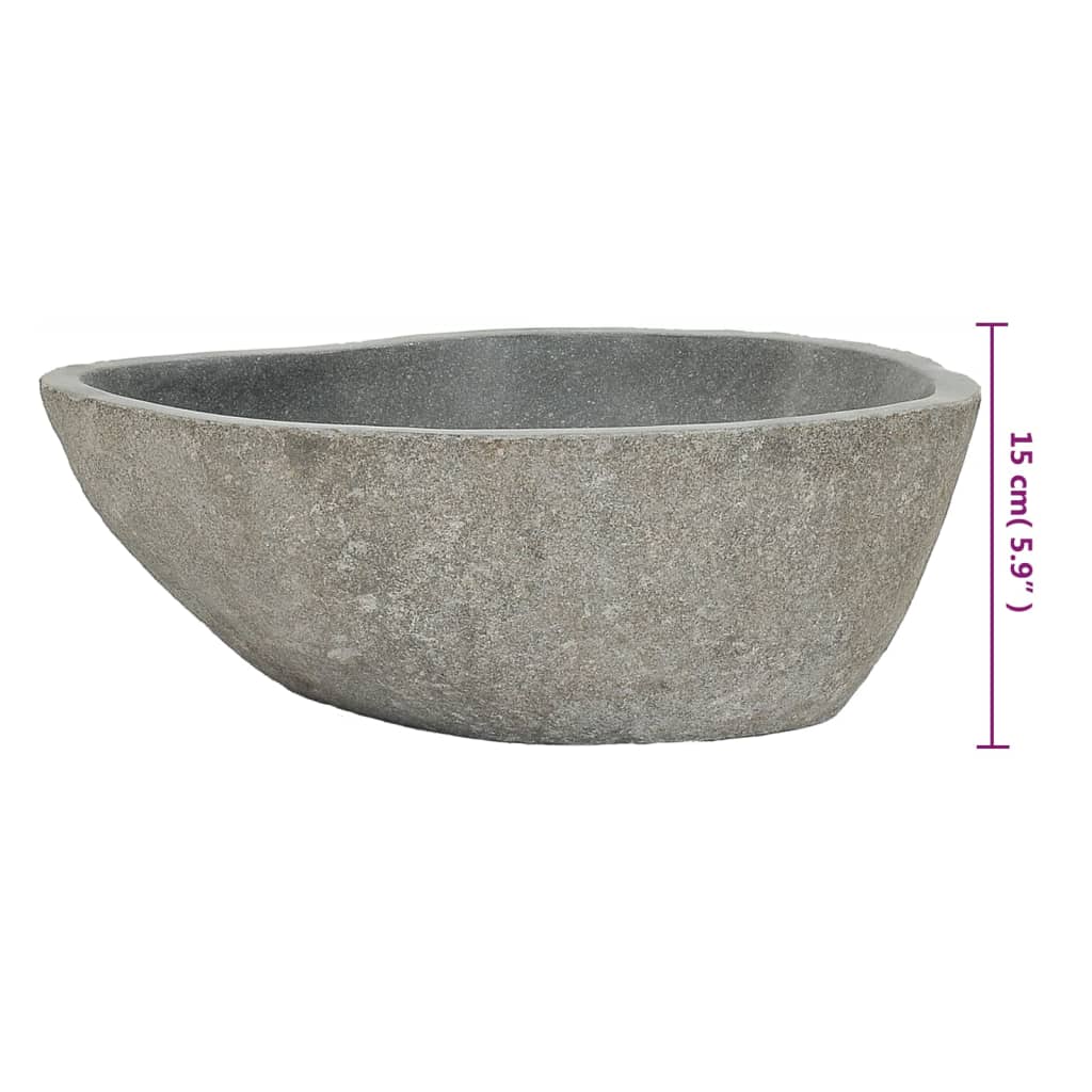 Oval natural river stone basin, 15 cm high, stylish for bathrooms and easy to clean with polished surface.