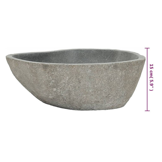 Oval natural river stone basin, 15 cm high, stylish for bathrooms and easy to clean with polished surface.