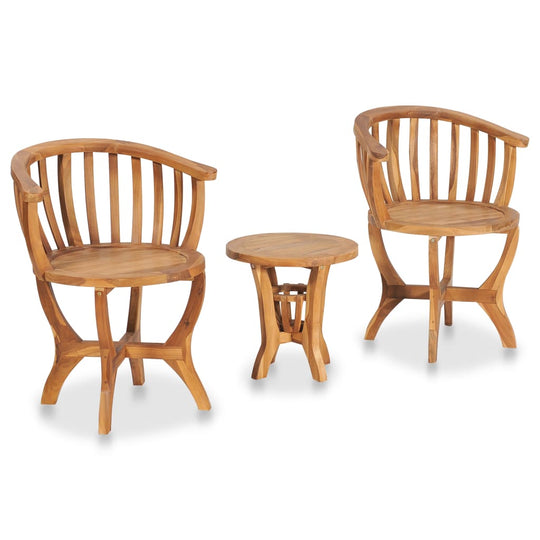 3 piece garden bistro set made of solid teak wood, featuring two curved chairs and a round side table, perfect for outdoor use.