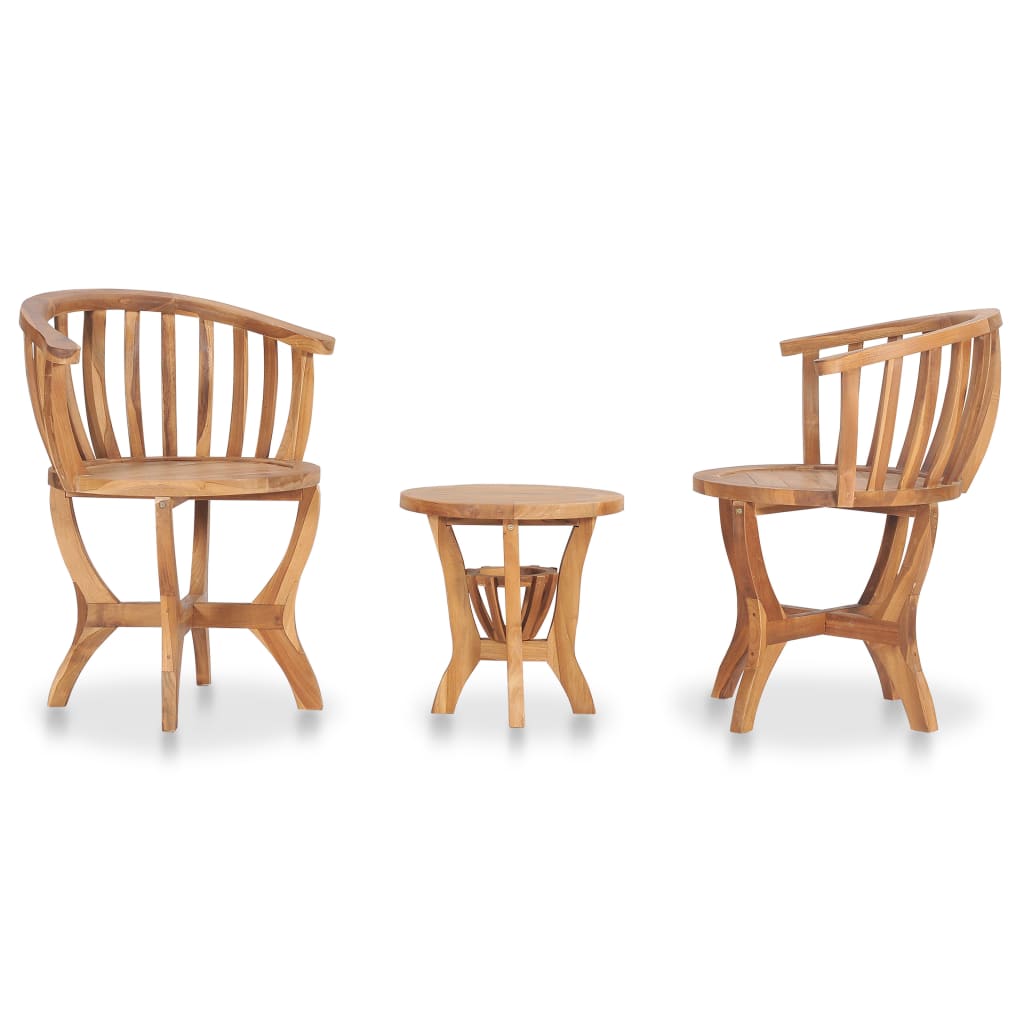 3-piece garden bistro set made of solid teak wood featuring two chairs and a small round table, perfect for outdoor use.