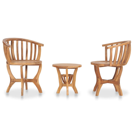 3-piece garden bistro set made of solid teak wood featuring two chairs and a small round table, perfect for outdoor use.