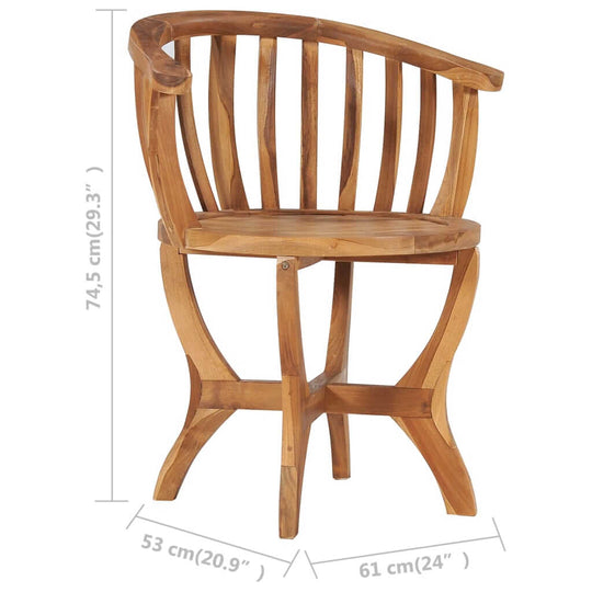 Solid teak wood garden chair with curved backrest and strong legs, showcasing dimensions of 74.5 cm height and 61 cm width.