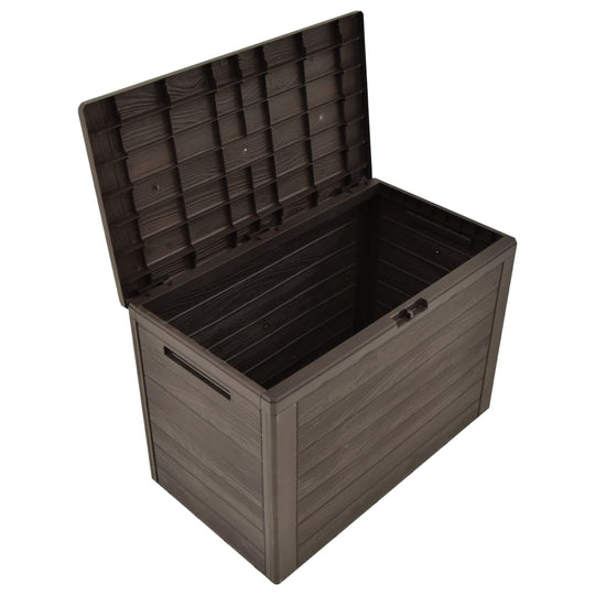 Brown garden storage box with open lid, ideal for storing cushions and outdoor furniture accessories. Size 78x44x55 cm.