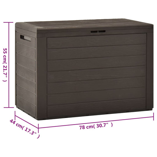 Brown garden storage box measuring 78x44x55 cm, perfect for outdoor furniture storage like cushions and blankets.