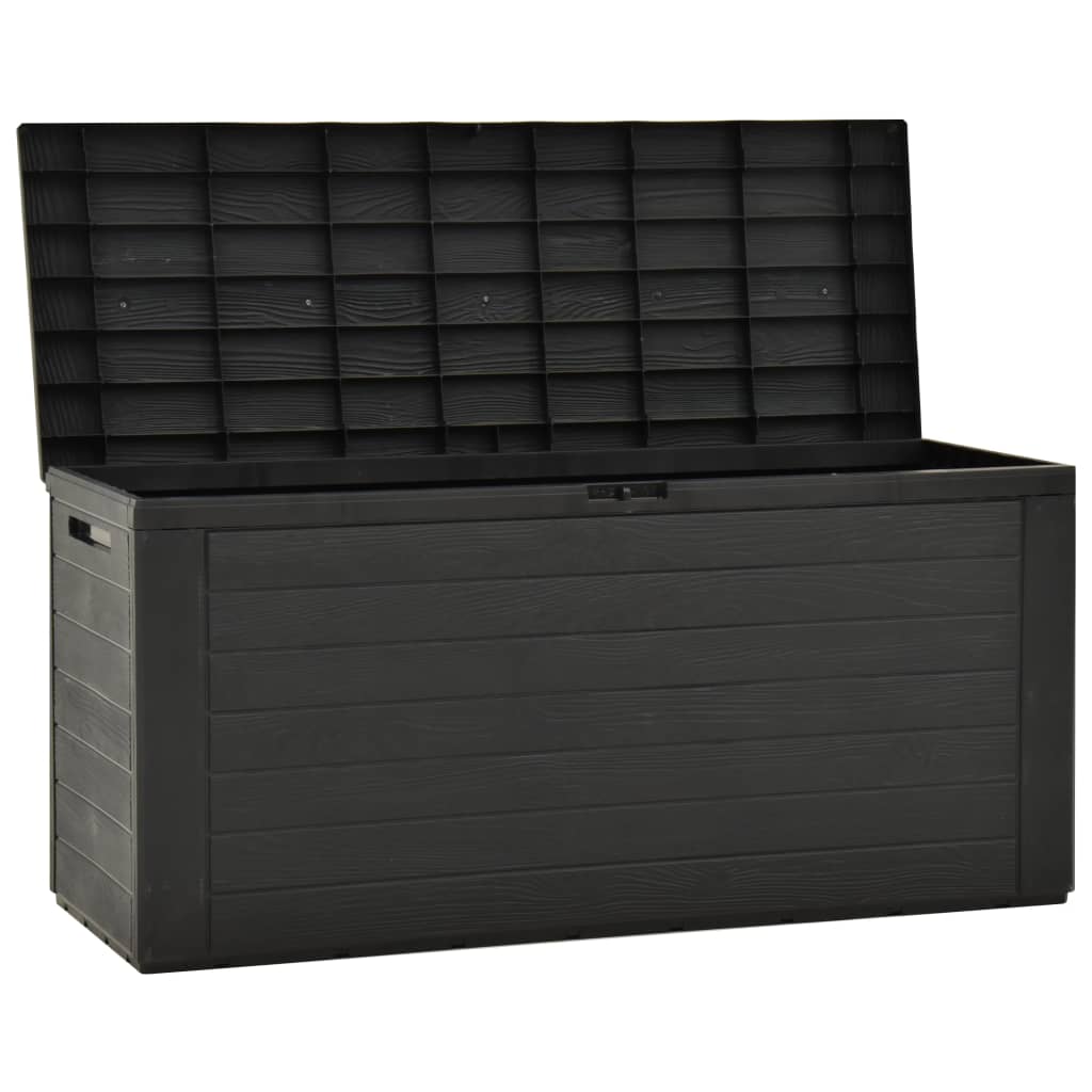 Stylish anthracite garden storage box with lid, perfect for outdoor furniture and organizing cushions, toys, and more.