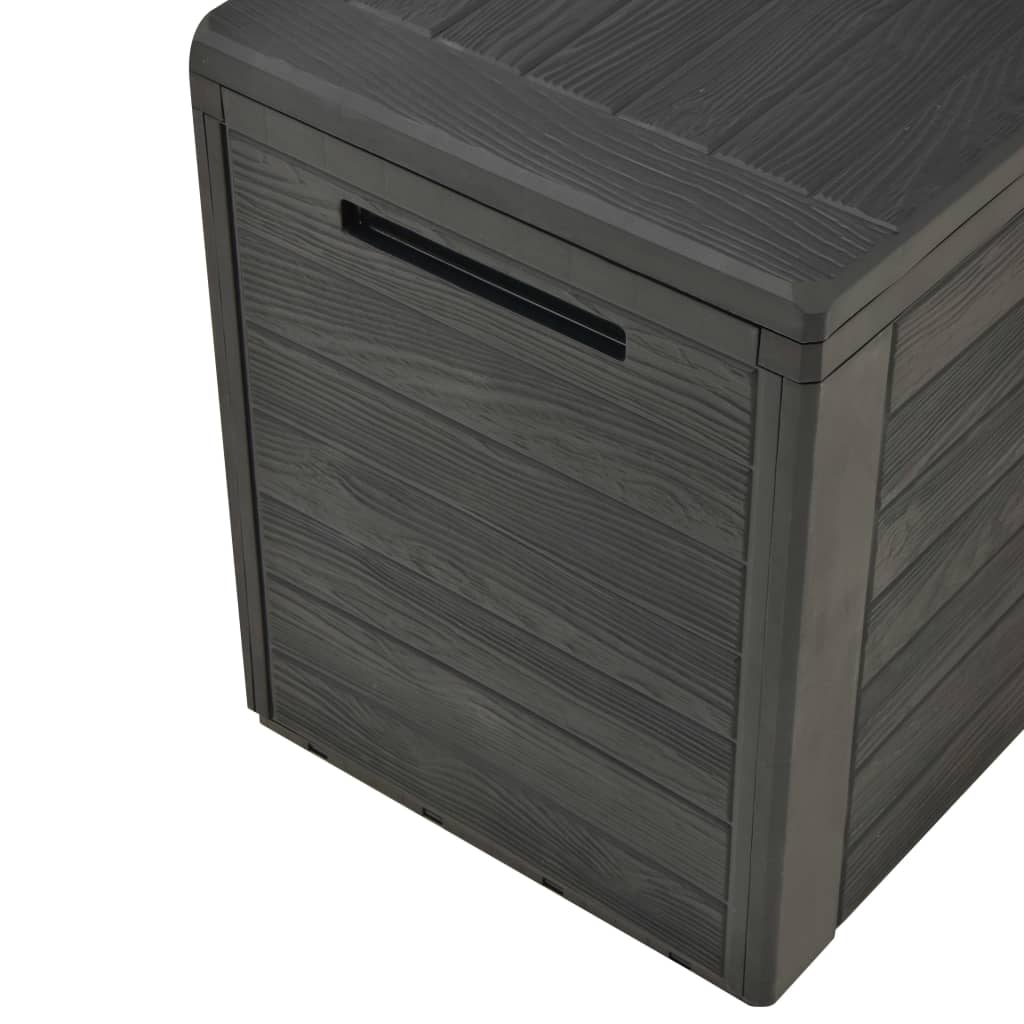 Anthracite garden storage box with wood-like texture, perfect for outdoor furniture and storage solutions.