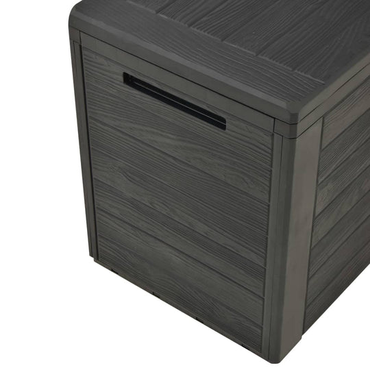 Anthracite garden storage box with wood-like texture, perfect for outdoor furniture and storage solutions.