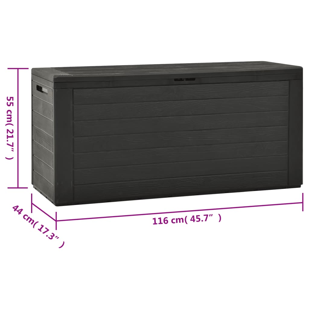Garden storage box in anthracite color, 116x44x55 cm, ideal for outdoor furniture and organizing garden items.