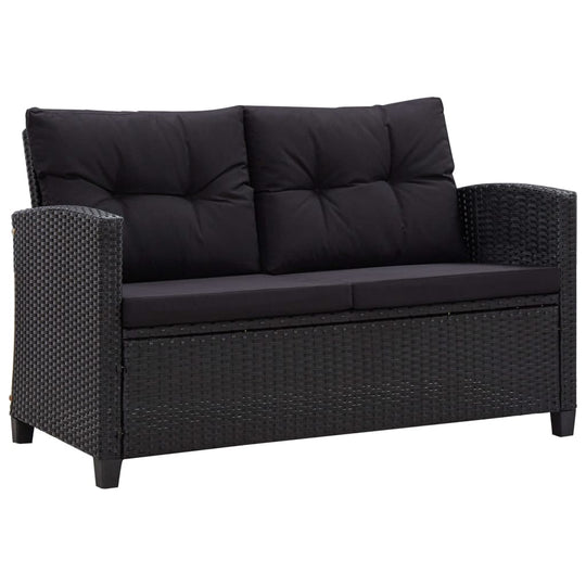 2-seater black garden sofa with cushions, made of weather-resistant poly rattan, perfect for outdoor relaxation.