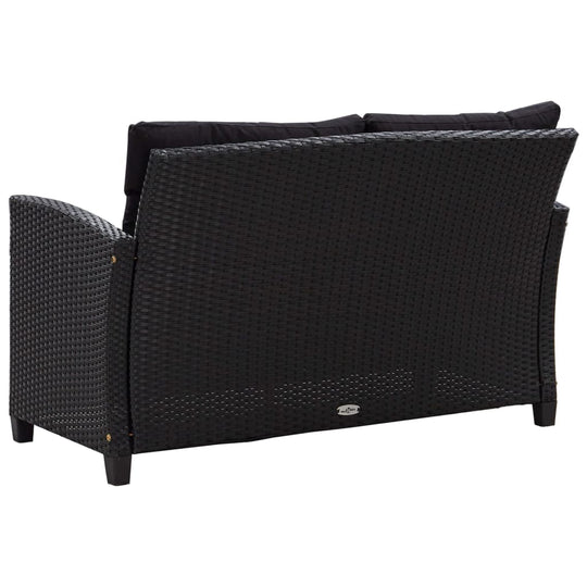 Black 2-seater garden sofa with cushions, featuring weather-resistant PE rattan and a sturdy steel frame.