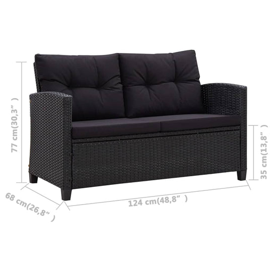 2-seater black garden sofa with cushions, dimensions 124 cm, made of weather-resistant poly rattan and steel frame.