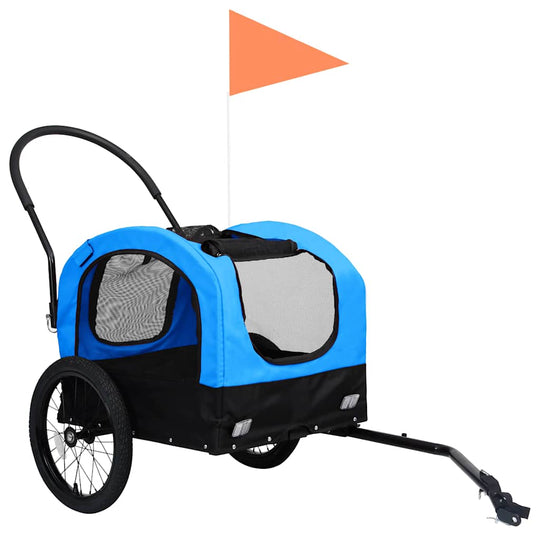 2-in-1 Pet Bike Trailer & Jogging Stroller in Black with blue fabric and mesh windows for pets.