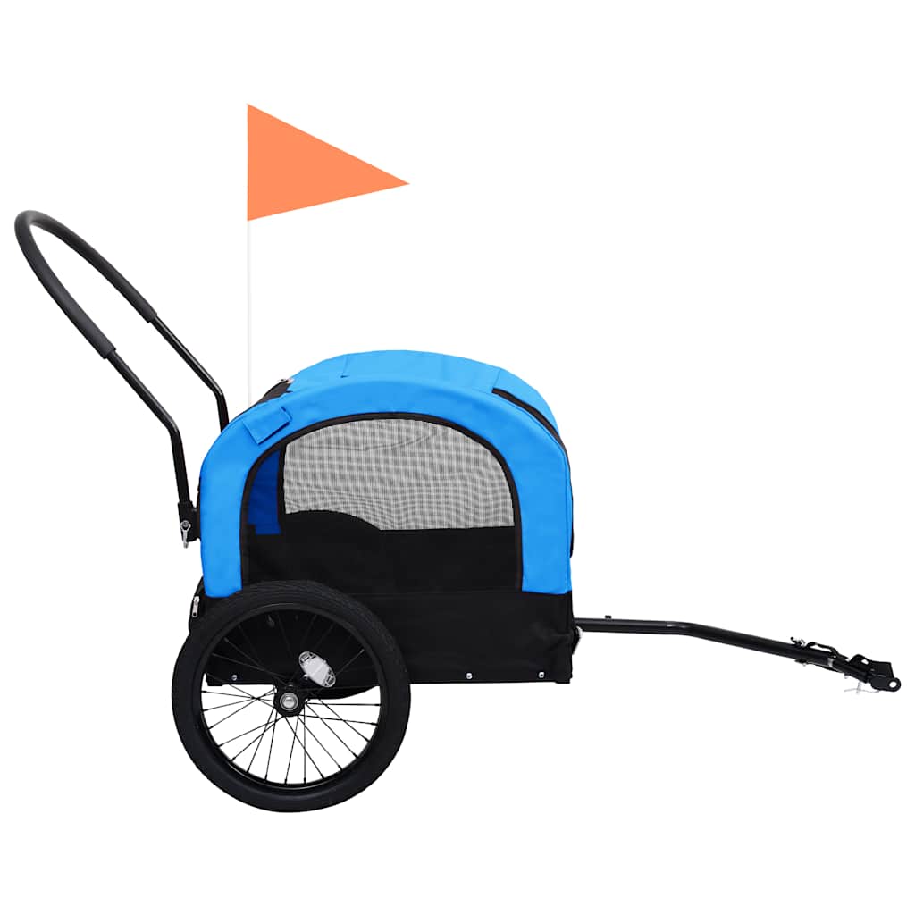 2-in-1 Pet Bike Trailer & Jogging Stroller and Black shown in blue with mesh windows and safety flag.