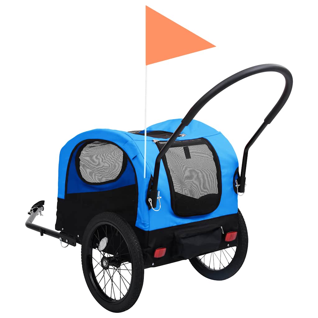 2-in- Pet Bike Trailer & Jogging Stroller in blue color with mesh windows and flag on top.