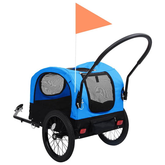 2-in- Pet Bike Trailer & Jogging Stroller in blue color with mesh windows and flag on top.