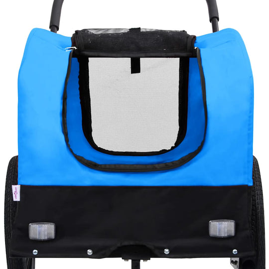 2-in- Pet Bike Trailer & Jogging Stroller in Black with blue fabric and mesh windows for pets.