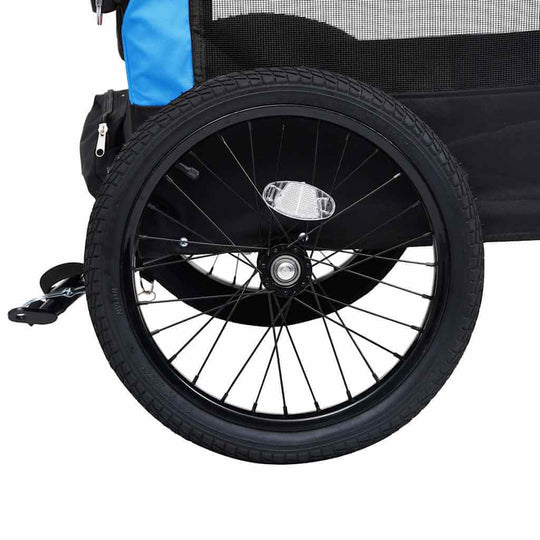 2-in-1 Pet Bike Trailer & Jogging Stroller and Black wheel close-up, showcasing sturdy construction and design.