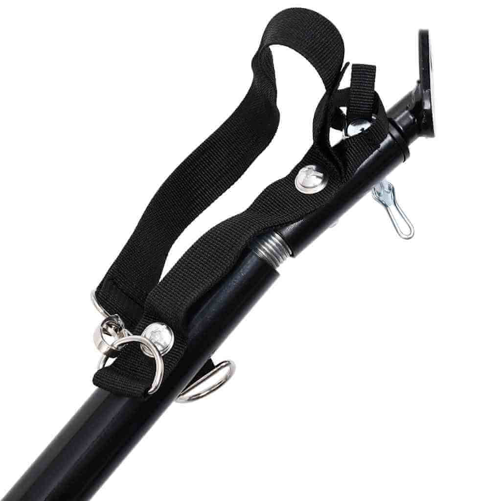 2-in-1 Pet Bike Trailer & Jogging Stroller and Black adjustable strap and attachment detail for stability.