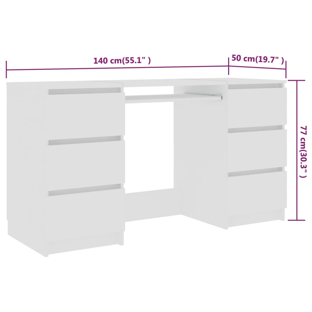 White engineered wood writing desk with 6 drawers, dimensions 140x50x77 cm, ideal for compact study and work spaces.