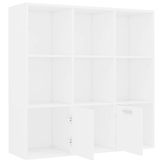 White book cabinet with 7 open cubes and 2 doors, made of engineered wood, 98x30x98 cm, ideal for storage and decoration.