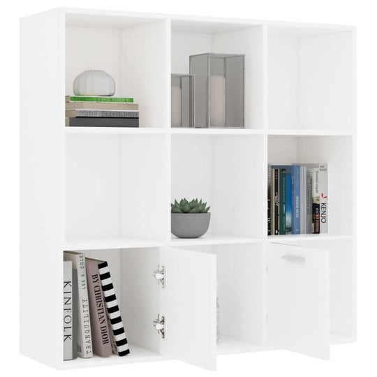 White book cabinet with 7 open cubes and 2 doors, perfect for storing books and decorative items.