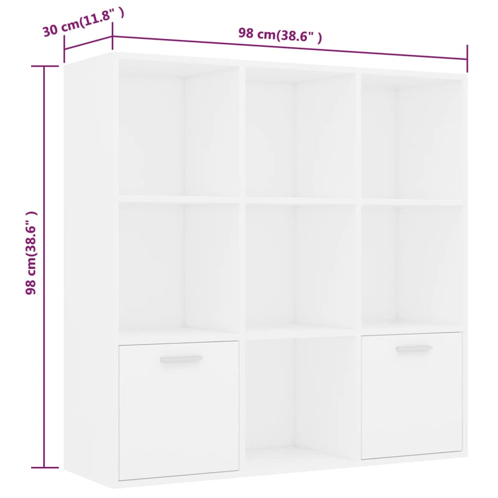 White book cabinet with 7 open cubes and 2 doors, dimensions 98x30x98 cm, made of engineered wood.