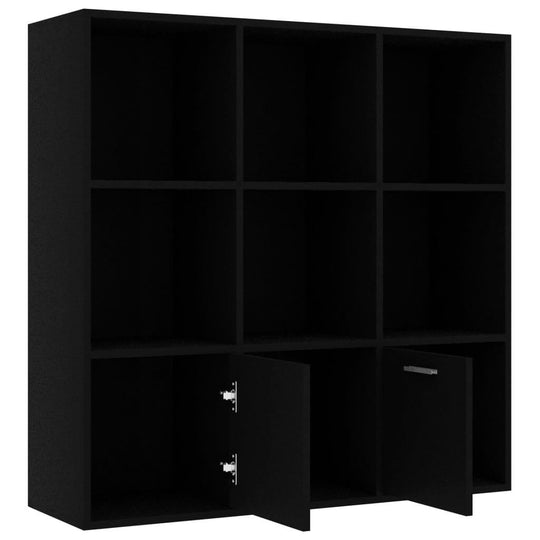 Black book cabinet with 9 open cubes and 2 doors, perfect for stylish furniture storage and organization.