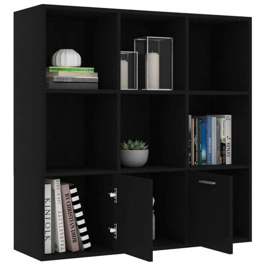 Black book cabinet with 7 open cubes and 2 doors, perfect for storing books and decorative items, made from engineered wood.