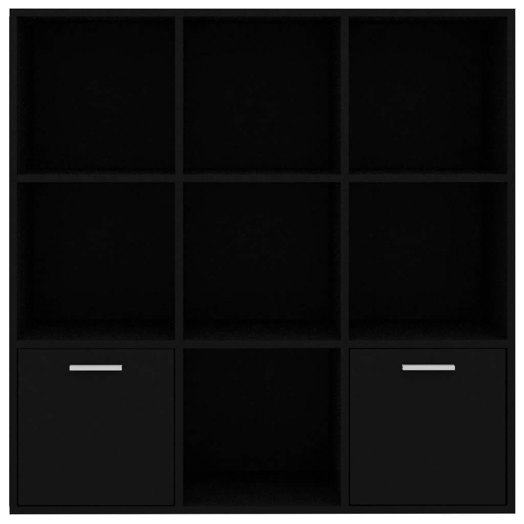 Black book cabinet with 7 open cubes and 2 doors for stylish storage solutions in your living space.