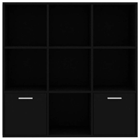 Black book cabinet with 7 open cubes and 2 doors for stylish storage solutions in your living space.