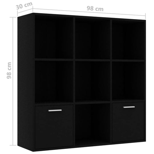 Black book cabinet 98x30x98 cm with 7 open cubes and 2 doors for stylish storage and organization.