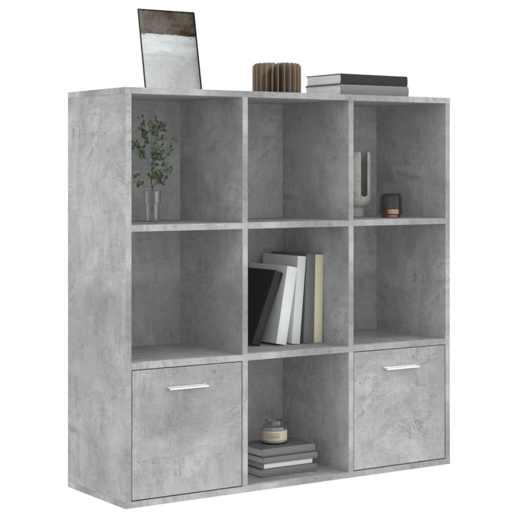 Concrete grey book cabinet with 7 open cubes and 2 doors, perfect for stylish storage of books and decor.