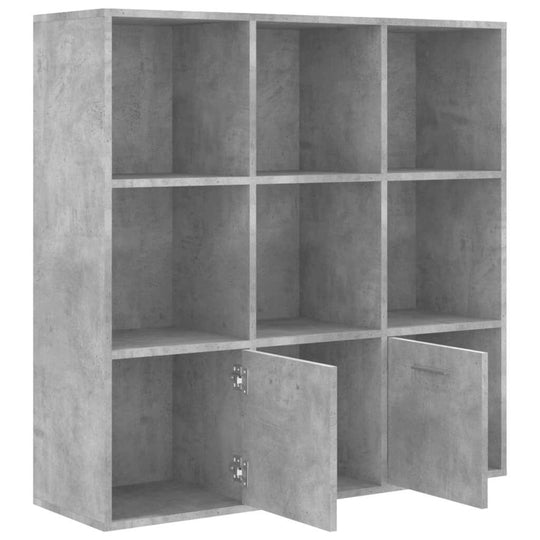 Book cabinet in concrete grey with 7 open cubes and 2 doors for stylish storage and organization.